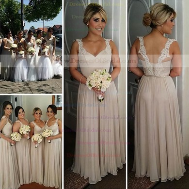 Wholesale Chiffon Floor-length Appliques Lace V-neck Long Bridesmaid Dresses #DOB01012755