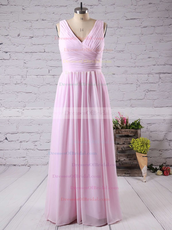 Pink Chiffon Floor-length with Ruffles Nice V-neck Bridesmaid Dress #DOB01012771