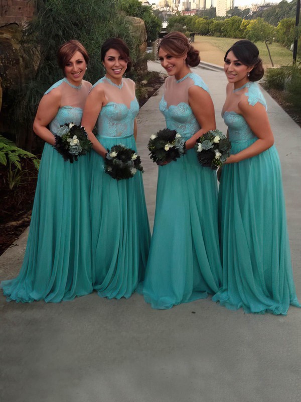 Chiffon Tulle Sweep Train Appliques Lace Scoop Neck Famous Bridesmaid Dress #DOB01012783