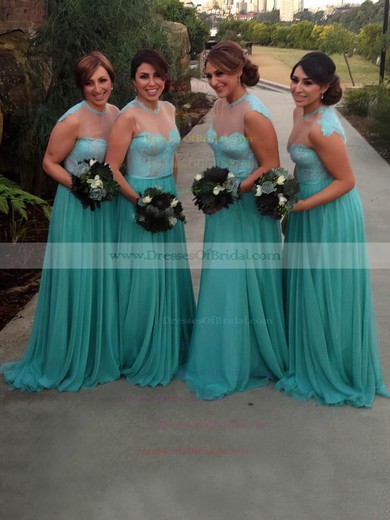 Chiffon Tulle Sweep Train Appliques Lace Scoop Neck Famous Bridesmaid Dress #DOB01012783
