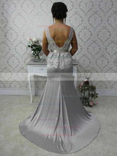 Scalloped Neck Lace Silk-like Satin Sashes / Ribbons Open Back Trumpet/Mermaid Bridesmaid Dress #DOB01012788
