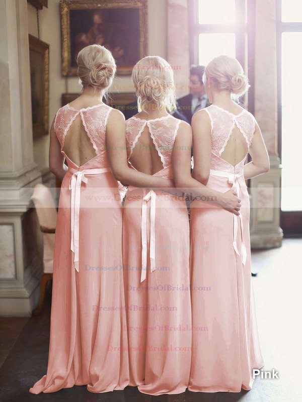 Perfect A-line Scoop Neck Lace Chiffon Sashes / Ribbons Open Back Bridesmaid Dresses #DOB01012799