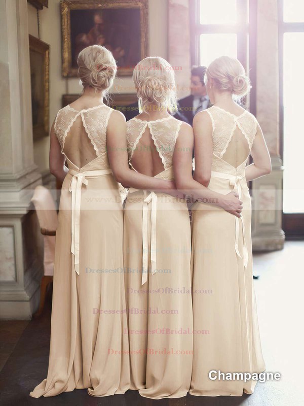 Perfect A-line Scoop Neck Lace Chiffon Sashes / Ribbons Open Back Bridesmaid Dresses #DOB01012799