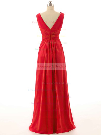 Red Empire V-neck Chiffon with Ruffles Promotion Long Bridesmaid Dresses #DOB01012800