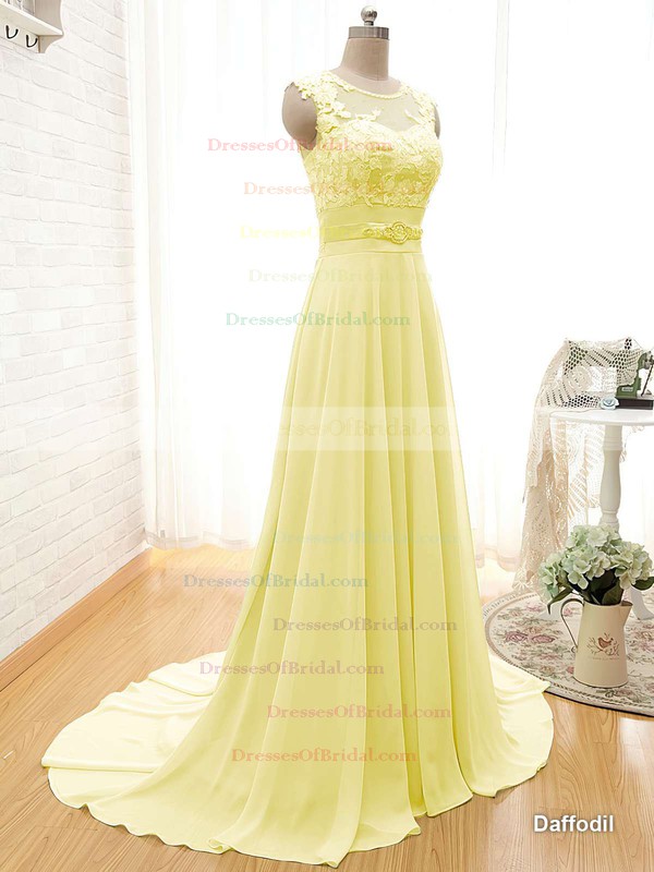 Scoop Neck Chiffon Appliques Lace Court Train Sage Fashion Bridesmaid Dresses #DOB01012804