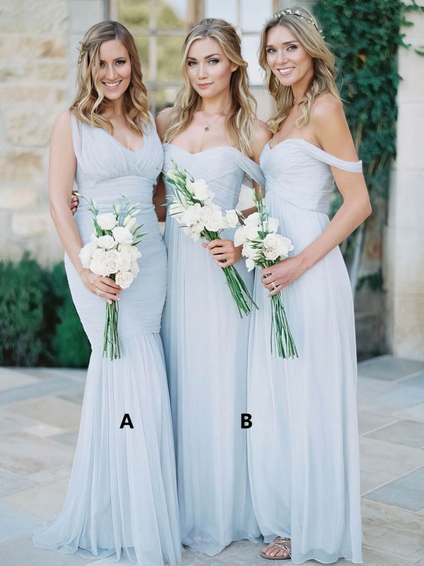 A-line Tulle Ruffles Silver Off-the-shoulder Bridesmaid Dresses #DOB01012810