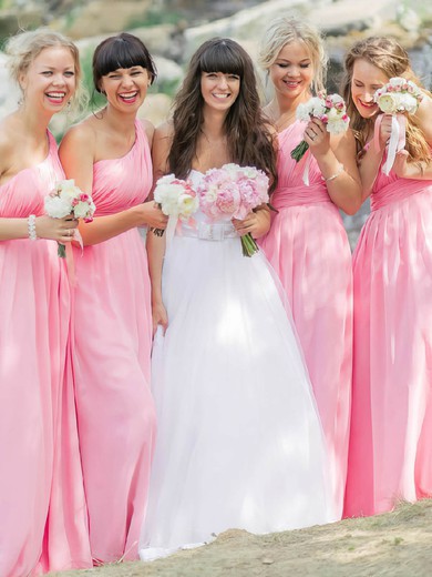 One Shoulder Pink Chiffon Floor-length Ruffles Sweet Bridesmaid Dresses #DOB01012812