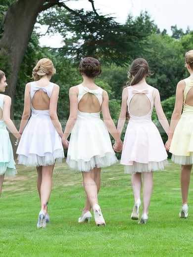 Short/Mini A-line Satin Tulle with Bow Open Back Bridesmaid Dresses #DOB01012816
