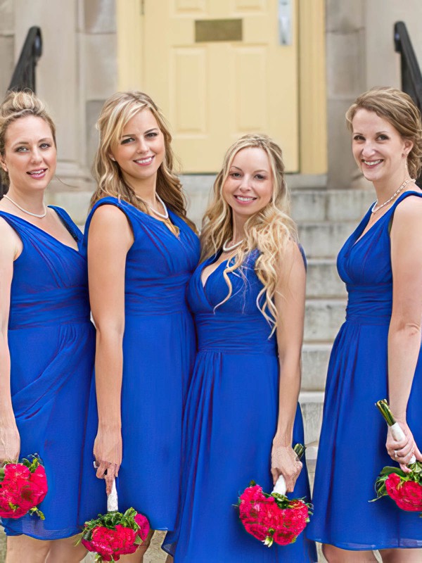 V-neck Chiffon Ruffles Pretty Royal Blue Knee-length Bridesmaid Dresses #DOB01012823