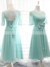 Knee-length Scoop Neck Lace Tulle Bow 1/2 Sleeve Bridesmaid Dresses #DOB01012824