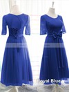 Knee-length Scoop Neck Lace Tulle Bow 1/2 Sleeve Bridesmaid Dresses #DOB01012824