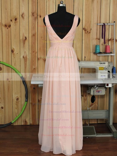 V-neck Floor-length Ruched Chiffon Pink Backless Bridesmaid Dress #DOB01012891
