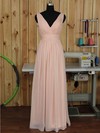V-neck Floor-length Ruched Chiffon Pink Backless Bridesmaid Dress #DOB01012891