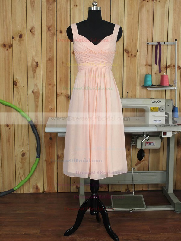 Pink V-neck Chiffon Ruffles Fashion Tea-length Bridesmaid Dress #DOB01012892