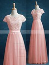 Junior Scoop Neck Lace Tulle Sashes / Ribbons Floor-length Short Sleeve Bridesmaid Dress #DOB01012895