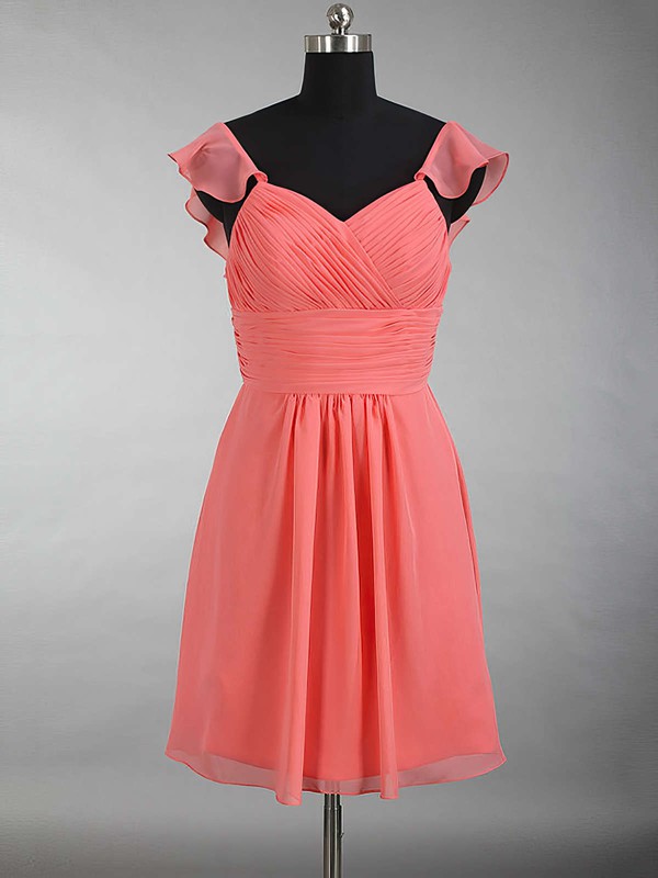 V-neck Chiffon Ruffles Beautiful Watermelon Short/Mini Bridesmaid Dress #DOB01012897