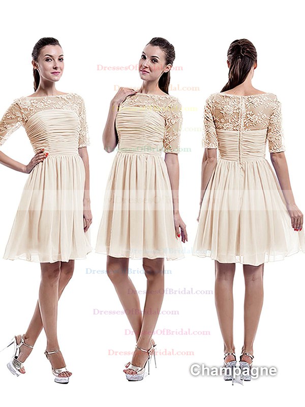 Nice Scoop Neck Chiffon Tulle Appliques Lace 1/2 Sleeve Knee-length Bridesmaid Dress #DOB01012898