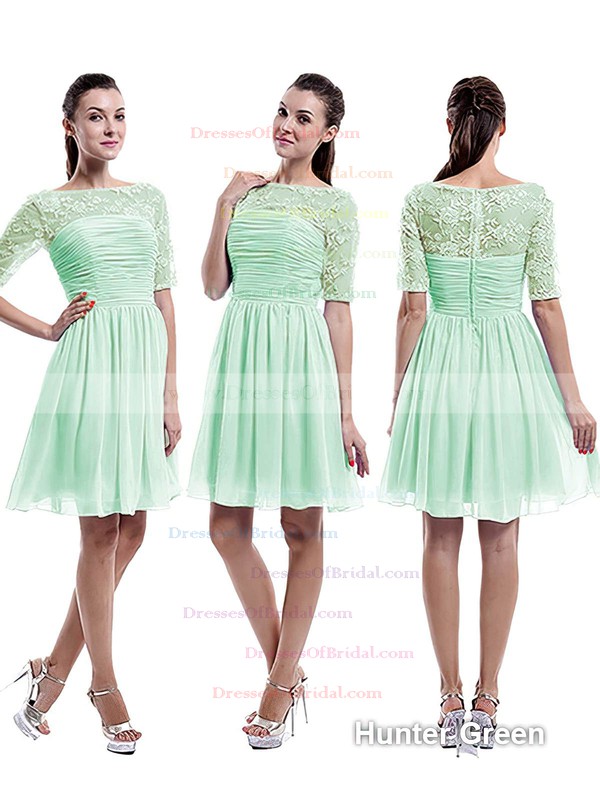 Nice Scoop Neck Chiffon Tulle Appliques Lace 1/2 Sleeve Knee-length Bridesmaid Dress #DOB01012898