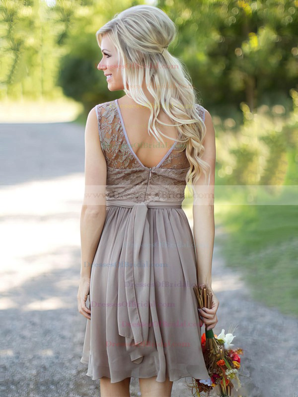 A-line Scoop Neck Lace Chiffon Knee-length Sashes / Ribbons Fabulous Bridesmaid Dresses #DOB01012903