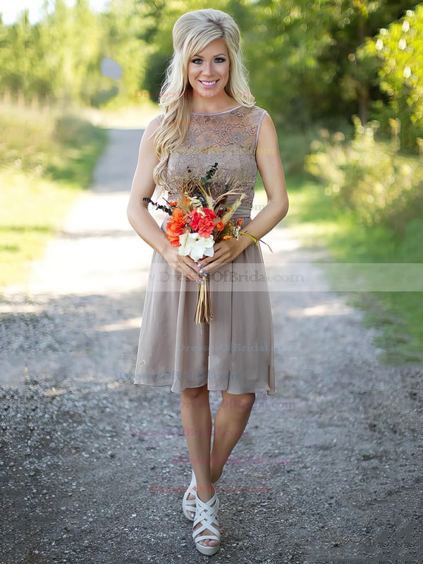 A-line Scoop Neck Lace Chiffon Knee-length Sashes / Ribbons Fabulous Bridesmaid Dresses #DOB01012903