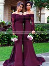 Trumpet/Mermaid Off-the-shoulder Tulle Silk-like Satin Sweep Train Appliques Lace Long Sleeve Bridesmaid Dresses #DOB01012904