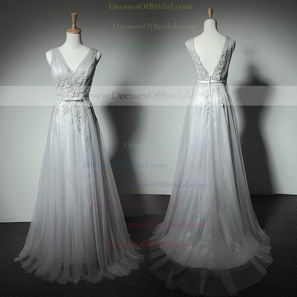 Perfect A-line V-neck Tulle Floor-length with Appliques Lace Bridesmaid Dresses #DOB01012905