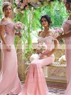 Trumpet/Mermaid Off-the-shoulder Silk-like Satin Sweep Train Appliques Lace Backless Bridesmaid Dresses #DOB01012906