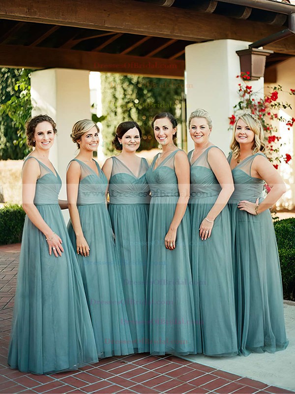 A-line V-neck Tulle Floor-length with Ruffles Affordable Bridesmaid Dresses #DOB01012907