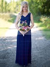 Elegant A-line V-neck Lace Chiffon Floor-length with Pleats Bridesmaid Dresses #DOB01012909