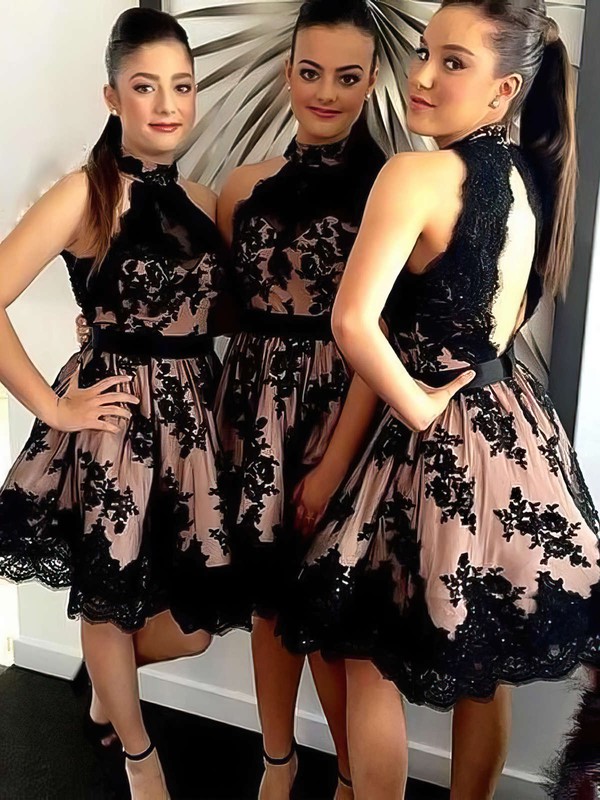 A-line High Neck Tulle Short/Mini Appliques Lace Classy Bridesmaid Dresses #DOB01012914
