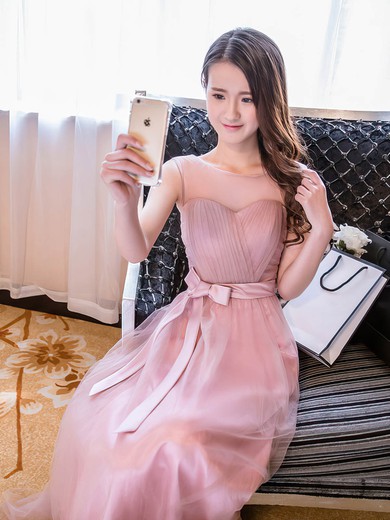 A-line Scoop Neck Tulle Floor-length Sashes / Ribbons Sweet Bridesmaid Dresses #DOB01012918