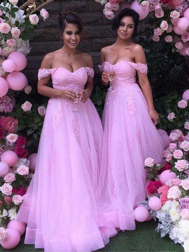 A-line Off-the-shoulder Tulle Floor-length Appliques Lace Unique Bridesmaid Dress #DOB01012926