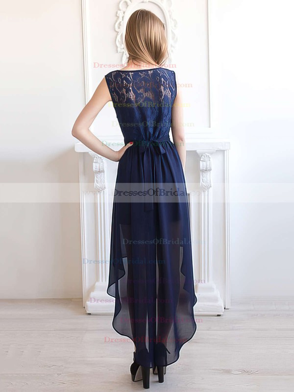 A-line Scoop Neck Chiffon with Lace Asymmetrical Dark Navy Bridesmaid Dresses #DOB01012927