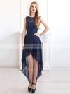 A-line Scoop Neck Chiffon with Lace Asymmetrical Dark Navy Bridesmaid Dresses #DOB01012927