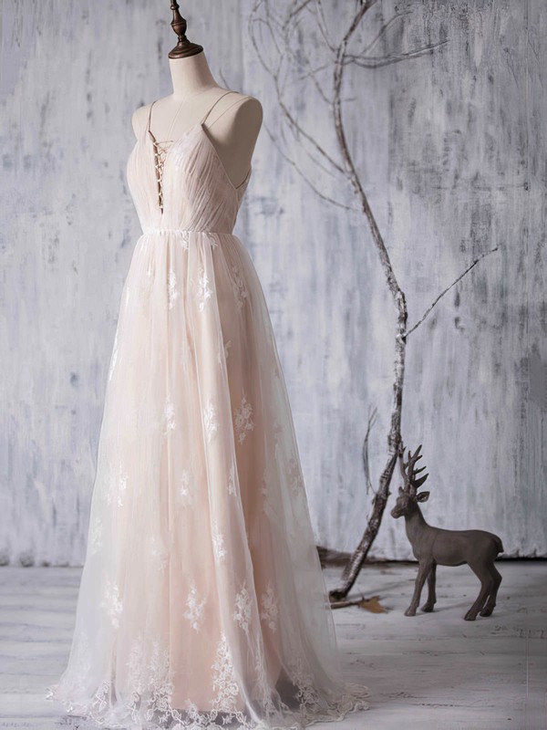 A-line V-neck Tulle Floor-length Appliques Lace Backless Bridesmaid Dresses #DOB01012940