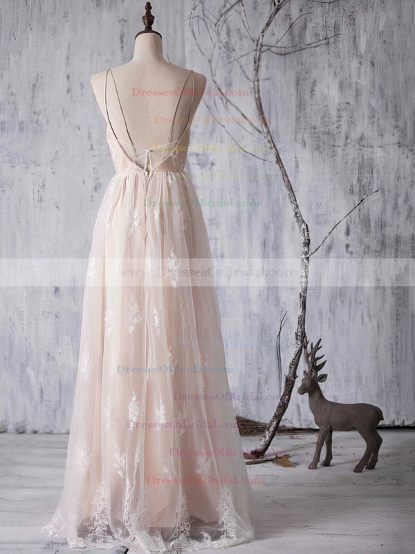A-line V-neck Tulle Floor-length Appliques Lace Backless Bridesmaid Dresses #DOB01012940