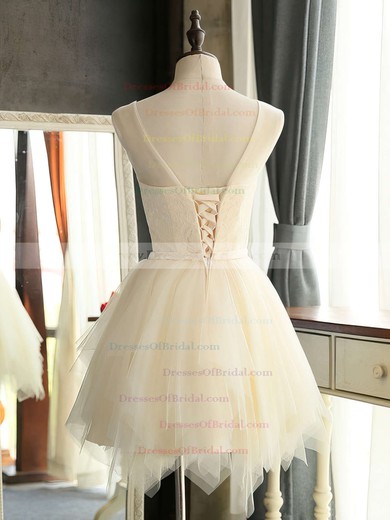 A-line Scoop Neck Lace Tulle Short/Mini Sashes / Ribbons Girls Bridesmaid Dresses #DOB01012941