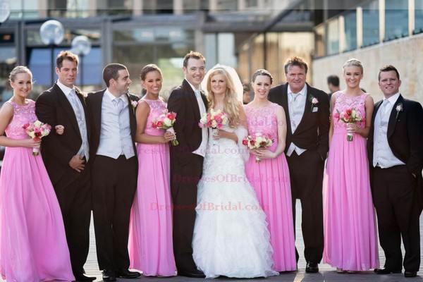 A-line Scoop Neck Chiffon Floor-length Lace Glamorous Bridesmaid Dresses #DOB01012951