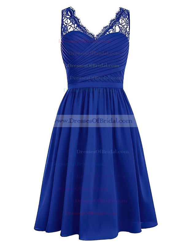 Knee-length A-line V-neck Chiffon with Lace Affordable Bridesmaid Dresses #DOB01012958
