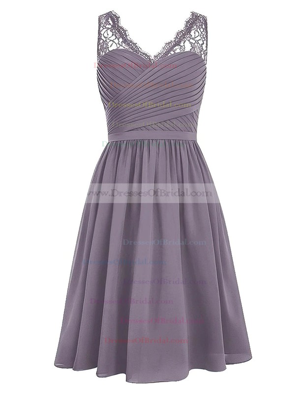 Knee-length A-line V-neck Chiffon with Lace Affordable Bridesmaid Dresses #DOB01012958