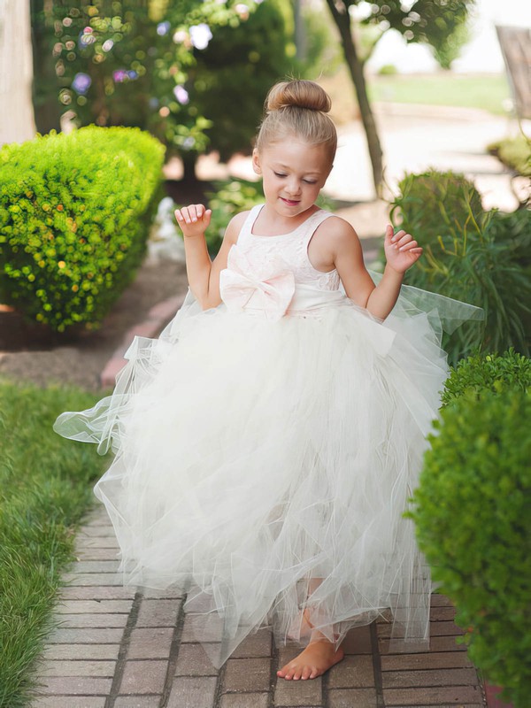 Princess Scoop Neck Lace Tulle with Bow Beautiful Ankle-length Flower Girl Dresses #DOB01031903