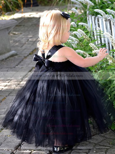 Famous Princess Square Neckline Black Tulle with Flower(s) Tea-length Flower Girl Dresses #DOB01031907