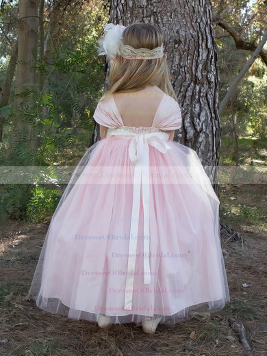 Princess Sweetheart Pink Tulle Sashes / Ribbons Newest Ankle-length Flower Girl Dresses #DOB01031911