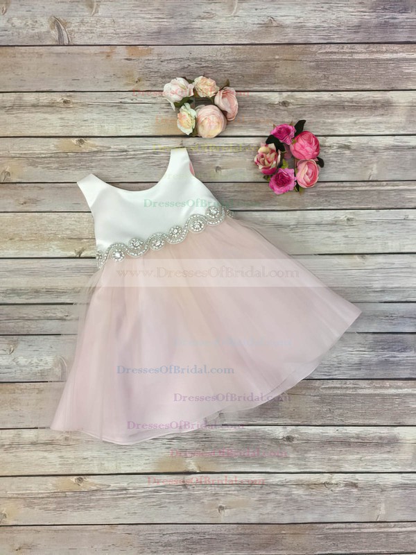 Wholesale A-line Scoop Neck Tulle with Beading Tea-length Flower Girl Dresses #DOB01031914