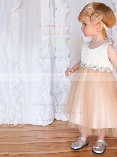 Wholesale A-line Scoop Neck Tulle with Beading Tea-length Flower Girl Dresses #DOB01031914
