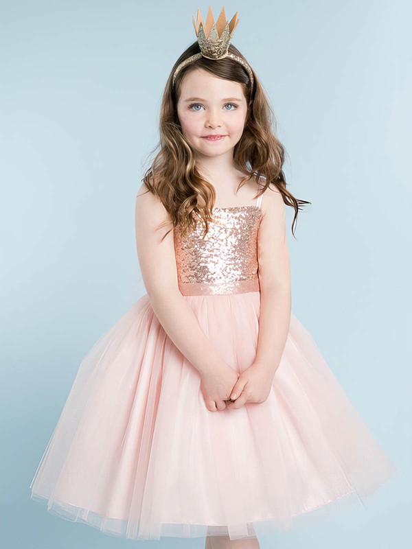 Stunning A-line Square Neckline Tulle Sequined with Bow Knee-length Flower Girl Dresses #DOB01031916