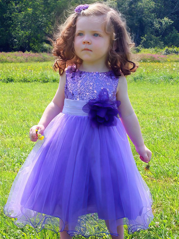 Tea-length A-line Scoop Neck Tulle Sequined Sashes / Ribbons Pretty Flower Girl Dresses #DOB01031917
