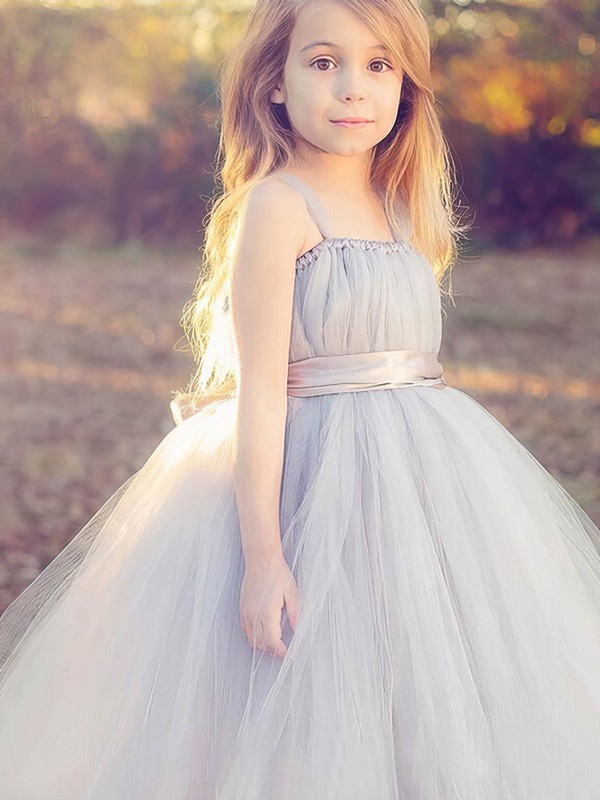 Trendy Square Neckline Tulle Sashes / Ribbons Floor-length Princess Flower Girl Dresses #DOB01031920