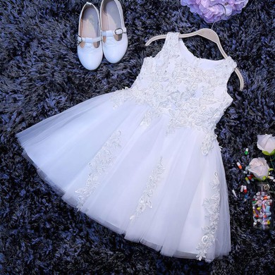 Discounted A-line Scoop Neck White Tulle Appliques Lace Tea-length Flower Girl Dresses #DOB01031922