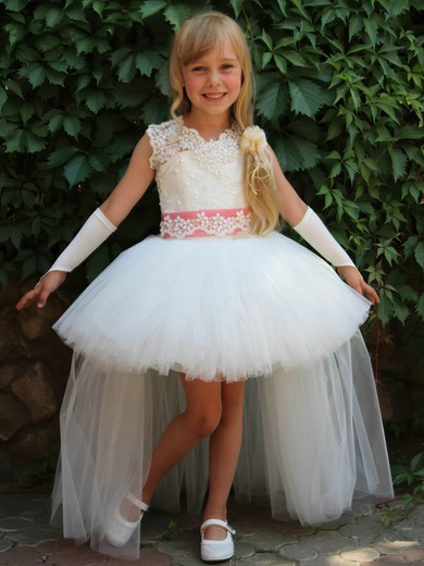 Scoop Neck Tulle with Beading Ball Gown Asymmetrical Different Flower Girl Dresses #DOB01031923